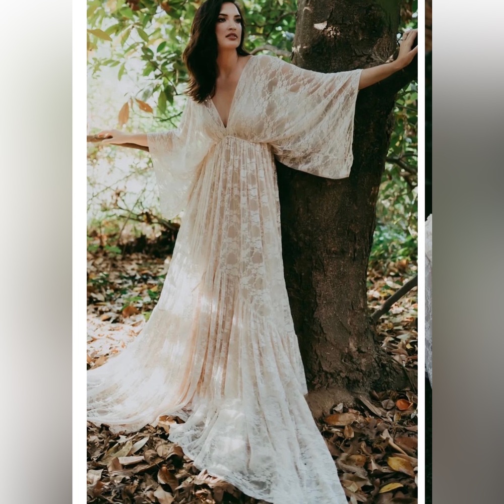 Engagement, Wedding Maternity Elegant Cream Lace Maxi Dress